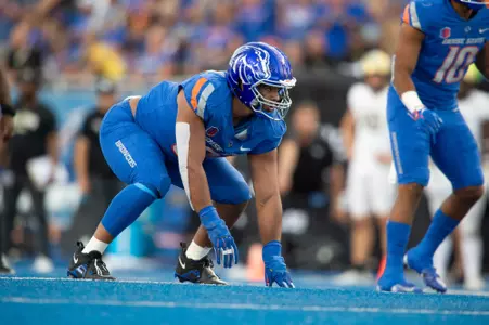 Ahmed Hassanein in a four-point defensive stance on The Blue