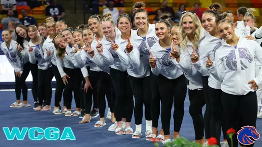 Gymnastics Scholastic All-America webslider: Team celebrating after Mountain West Championship