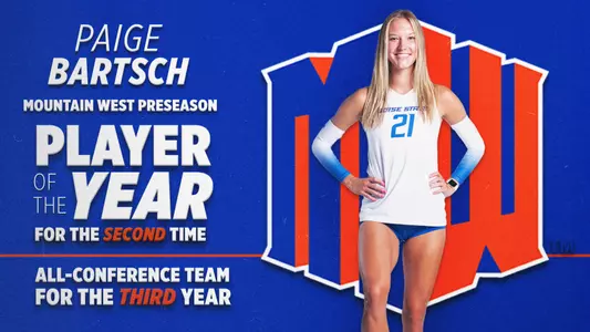 Posed photo of Paige Bartsch with text announcing her as Mountain West Volleyball Preseason Player of the Year