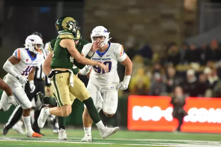 Braxton Fely, Boise State defensive tackle, makes a tackle at Colorado State in 2023.