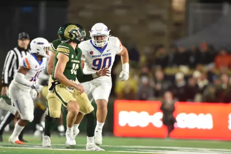Braxton Fely, Boise State defensive tackle, makes a tackle at Colorado State in 2023.