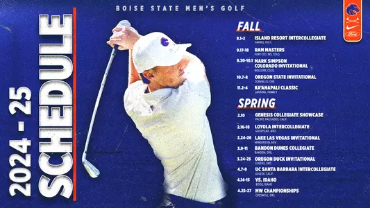 A graphic of the 2024-25 men's golf schedule featuring dates of competition and a cutout of Will O'Connor