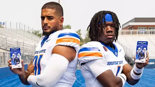 Boise State Football Players Dubar and Hassanein with Collectible Trading Cards