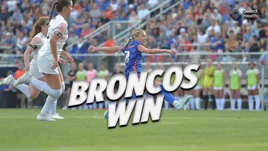 "Broncos Win" graphic featuring Carly Cross kicking the ball.