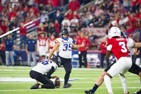 Jonah Dalmas, Boise State kicker, in a 2023 game at Fresno State