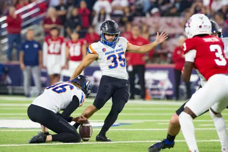 Jonah Dalmas, Boise State kicker, in a 2023 game at Fresno State