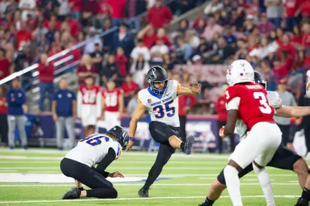 Jonah Dalmas, Boise State kicker, in a 2023 game at Fresno State