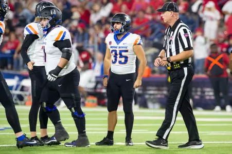 Jonah Dalmas, Boise State kicker, in a 2023 game at Fresno State