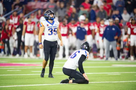 Jonah Dalmas, Boise State kicker, in a 2023 game at Fresno State
