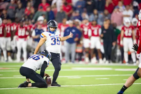 Jonah Dalmas, Boise State kicker, in a 2023 game at Fresno State