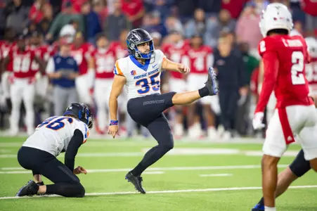 Jonah Dalmas, Boise State kicker, in a 2023 game at Fresno State