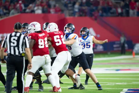 Jonah Dalmas, Boise State kicker, in a 2023 game at Fresno State
