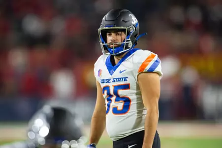 Jonah Dalmas, Boise State kicker, in a 2023 game at Fresno State