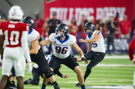 Jonah Dalmas, Boise State kicker, in a 2023 game at Fresno State