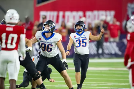 Jonah Dalmas, Boise State kicker, in a 2023 game at Fresno State