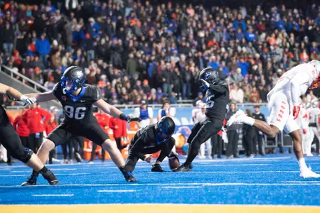 Jonah Dalmas, Boise State kicker, in a 2023 game vs. New Mexico.