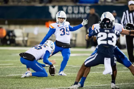 Jonah Dalmas, Boise State kicker, in a 2023 game at Utah State
