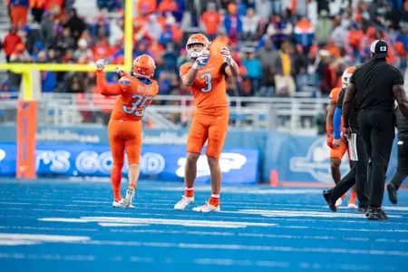 Jonah Dalmas, Boise State kicker, in a 2023 game vs. Wyoming