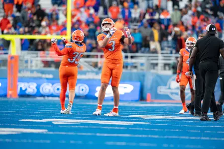 Jonah Dalmas, Boise State kicker, in a 2023 game vs. Wyoming