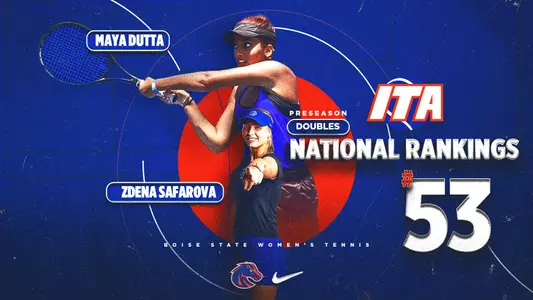 A graphic highlighting Maya Dutta and Zdena Safarova being ranked 53rd in the ITA Preseason Doubles National Rankings.