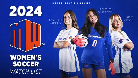 2024 Mountain West Women's Soccer Watch List graphic featuring Morgan Padour, Genevieve Crenshaw and Carly Cross.