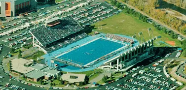 An aerial photo of Bronco Stadium II (now Albertsons Stadium) with blue turf in 1990.