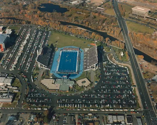 An aerial phoito of the first blue turf field at Bronco Stadium (II) - now Albertsons Stadium