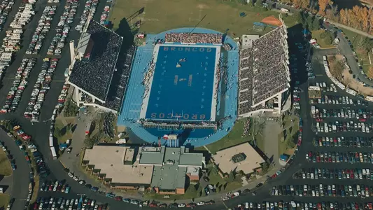 An aerial phoito of the first blue turf field at Bronco Stadium (II) - now Albertsons Stadium