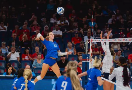 Paige Bartsch, pictured here going high to attack the ball against Arizona on August 30,  lead the Broncos with nine kills while hitting .321 percent against CSU Bakersfield.