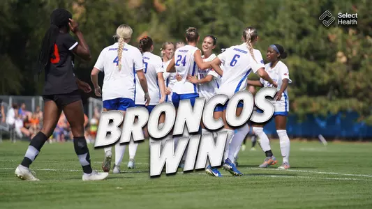 Broncos Win graphic with the Boise State soccer team hugging in the background.