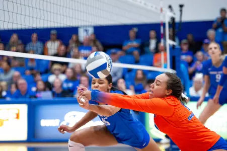 Breanna Mitchell goes for a dig in the CSUB match.