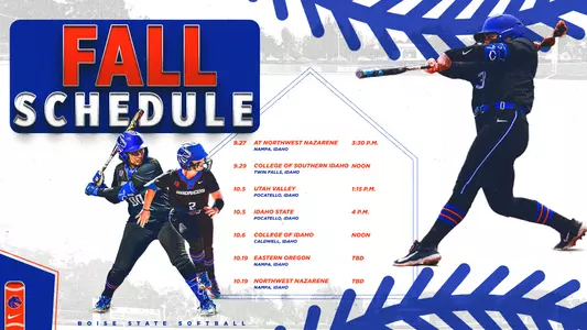 Graphic with three action shots and text listing Boise State's fall softball schedule