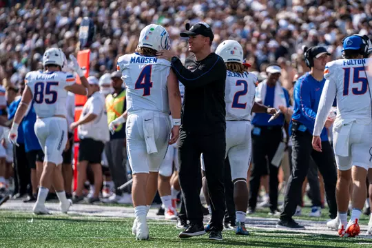 Boise State Football 2024 Game 1 vs Georgia Southern at Allen E. Paulson Stadium. Maddux Madsen (4), Spencer Danielson (Head Coach). Photo by Kenna Harbison