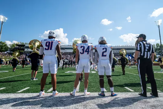 Boise State Football 2024 Game 1 vs Georgia Southern at Allen E. Paulson Stadium. Ahmed Hassanein (91), Alex Tuebner (34), Ahston Jeanty (2). Photo by Kenna Harbison