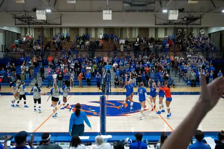 Wide shot of Bronco Gym during the CSU Bakersfield match on September 13, 2024.