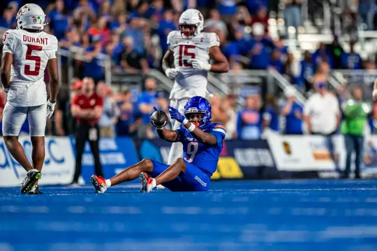 Cameron Camper celebrates a first down in a 45-24 win over Washington State at Albertsons Stadium on Sept. 28, 2024 (Photo by Kenna Harbison)