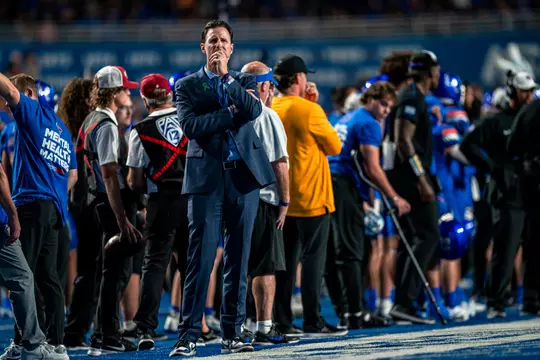 Athletic director Jeramiah Dickey on the sideline during in a 45-24 win over Washington State at Albertsons Stadium on Sept. 28, 2024 (Photo by Kenna Harbison)
