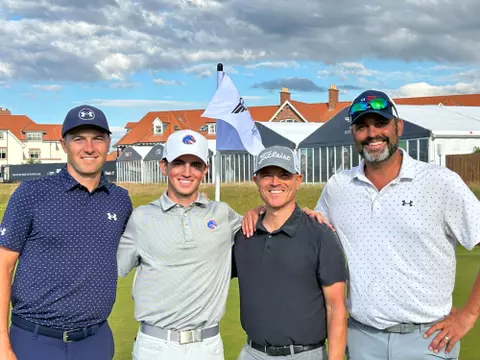 Cole Rueck poses with his father, Scott, Michael Greller and Jordan Spieth during a practice round at the Scottish Open.