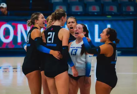 Broncos group up to celebrate a point, pictured here during the VCU match on August 31, 2024.