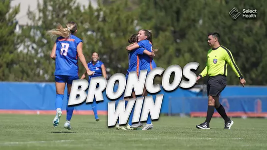 Broncos win graphic with two Boise State women's soccer players hugging.