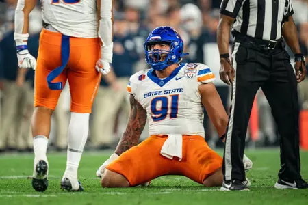 Ahmed Hassanein celebrating during 2024 Fiesta Bowl
