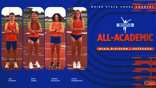 Graphic highlighting Joe Hudson, Kaiya Robertson, Emily Jobes and Yasmin Marghini as USTFCCCA Academic All Americans