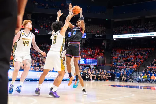 Dylan Andrews rises up for mid range jumpshot against Wichita State on Nov. 18 at ExtraMile Arena.