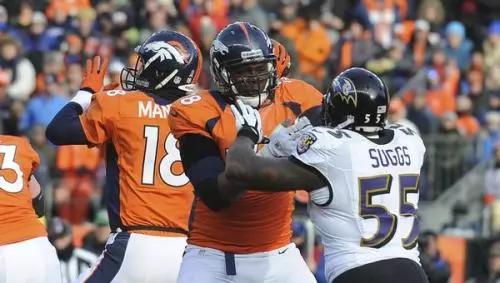 DENVER - Denver Broncos tackle Ryan Clady protects quarterback Peyton Manning's blind side in the second quarter against the Baltimore Ravens Sunday at Sports Authority Field. Steve Nehf, The Denver Post