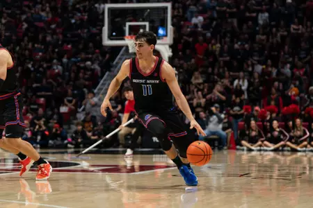 Alvaro Cardenas dribbles the ball with his left hand against San Diego State