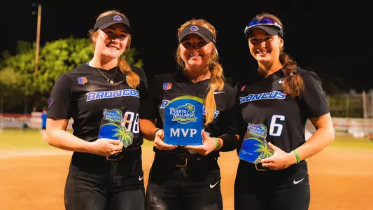 Chloe Hughes, Sophia Knight and Megan Lake pose with awards at the Puerto Vallarta College Challenge.