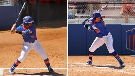 Mykenzie Hanna and Sydney Groves each in the batter's box ready to hit.