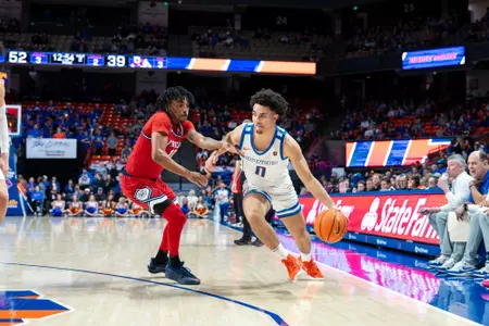 Julian Bowie dribbles the ball on the wing with his left hand versus Fresno State