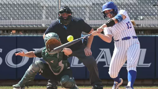 Mykenzie Hanna hits the ball vs Le Moyne, March 1, 2025.