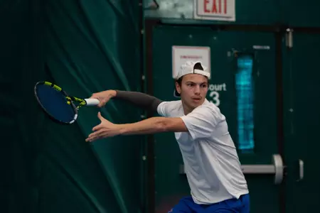 Idriss Haddouch prepares to return a forehand volley during the Idaho State match on January 31, 2025.